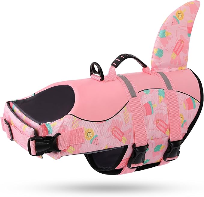 Dog Life Jacket High Flotation, Reflective Dog Life Vests for Swimming, Adjustable Dog Life Preserver Rescue Handle Spring Summer Pool for Small, Medium, Large Dogs (Pink Ice Cream,M)