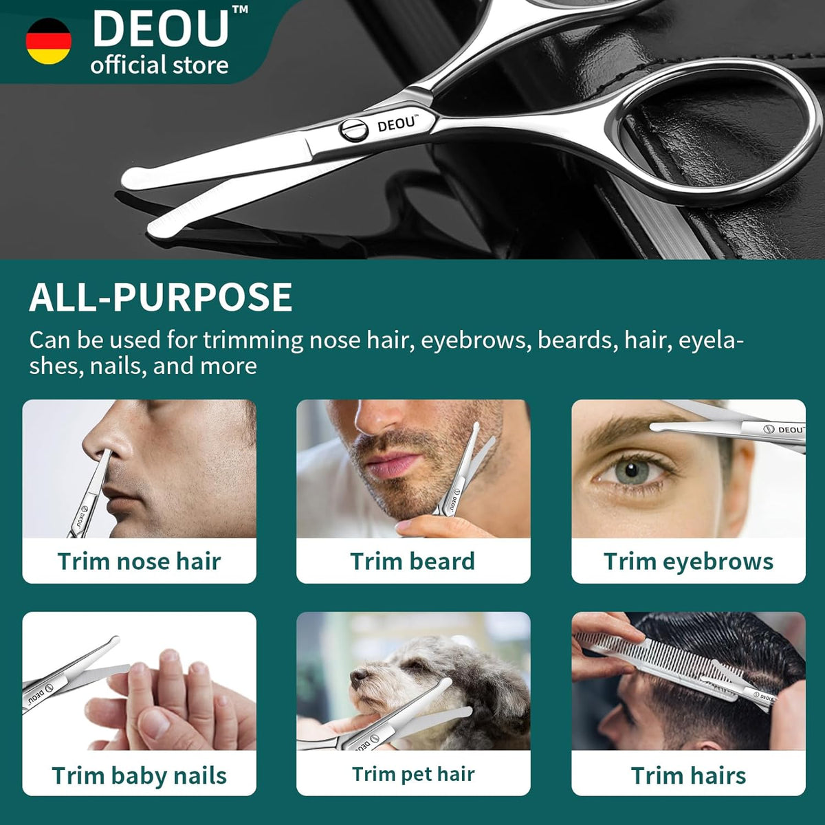 DEOU Silver Stainless Steel Round Nose Safety Scissors - Compact Facial Hair Trimming Tool for Men's Nose, Eyelashes, Eyebrows, Beard & Pet Grooming