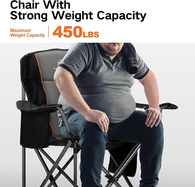 ALPHA CAMP Oversized Folding Camping Chair, Heavy Duty Portable Lawn Chairs with Cooler Bag, Side Pocket & Cup Holder, Folding Chairs for Outside Support 450 LBS