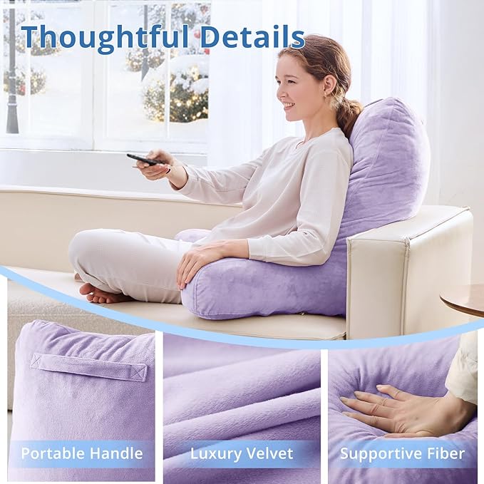Sasttie 25-inch Reading Pillows for Sitting in Bed Adult, Jumbo Velvet Back Pillow Bed Sitting Up, XL High Back-Rest Support Cushion for Sit Up on Couch & Floor, Oeko-Tex Certified, Lavender
