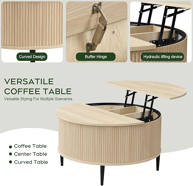 Yechen Round Coffee Table with Storage, 31.5" Flip-top Fluted Center Table, Midcentury Modern Lift Top Curved Table for Living Room,Natural