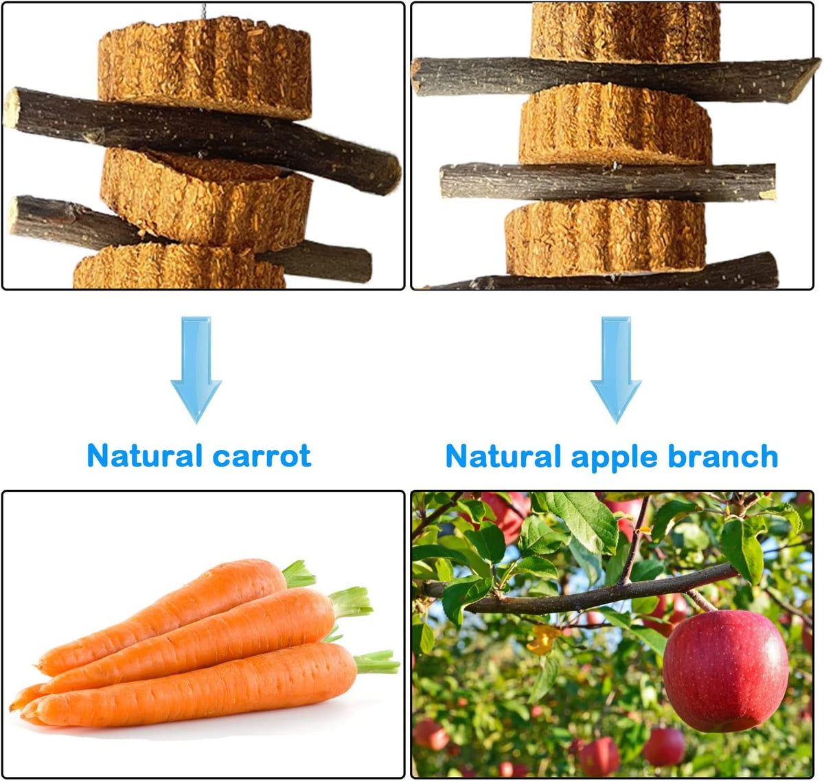 kathson Natural Small Animal Chew Toys for Teeth,4 PCS Rabbit Hanging Chewing Treats with Natural Organic Apple Stick Timothy Grass Carrot Cake for Hamsters Squirrel Guinea Pig Rabbits