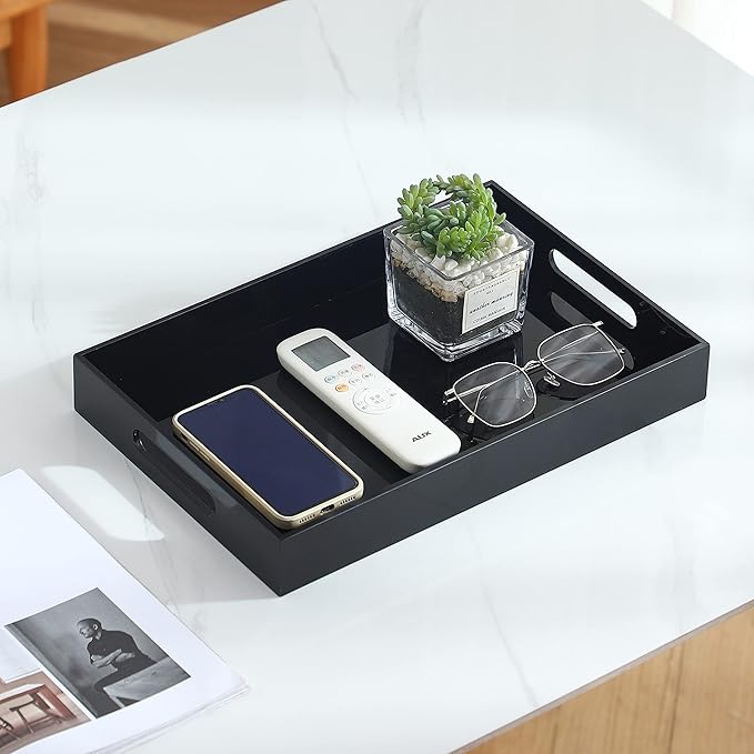 Black Oversize Acrylic Serving Tray with Handles 12x20 Inch -Spill Proof- Decorative Trays Countertop Organizer for Ottoman,Nightstand, Sidetable, Butler (12X20 Inch, Black)