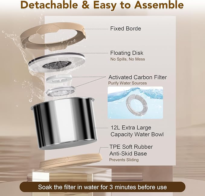 UPSKY 12L Dog Water Bowl No Spill Stainless Steel for Slow Drinking Beige | Large Capacity, Spill-proof, Non-slip Design, Durable, For Large Dogs, Messy Drinkers & Multi-pet Homes, Outdoor / Indoor