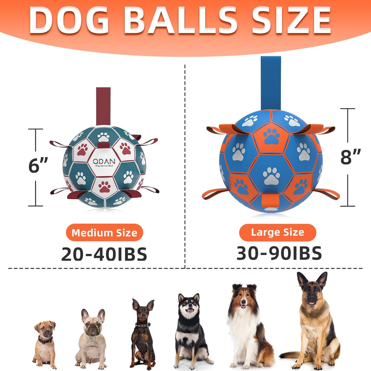 QDAN Dog Ropes Toys Soccer Ball with Straps, Puppy Birthday Gifts, Tug Toy, Durable Dog Balls for Medium & Large Dogs- Blue Orange(8 Inch)