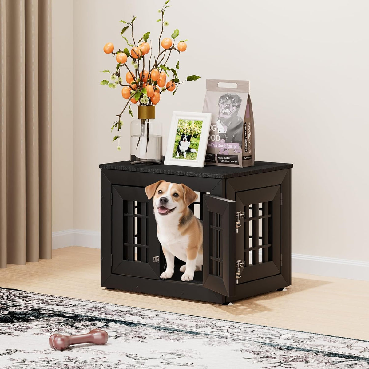 26" Heavy Duty Dog Crate Furniture for Small,Medium and Large Dogs,Rustic Wooden Dog Cage Kennel Indoor Furniture with Waterproof Top,Decorative Pet House Side End Table (Black)