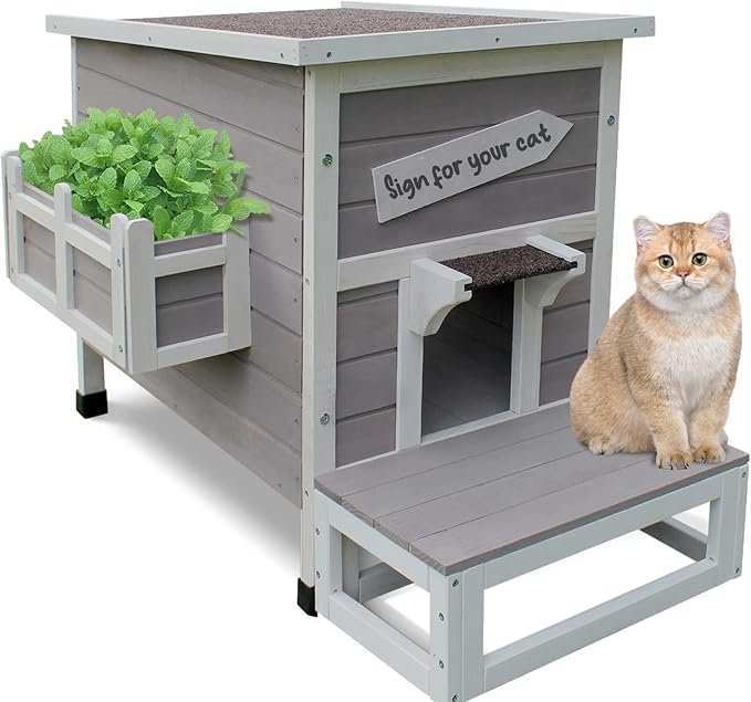 Rockever Outdoor Cat House, Large Outdoor Houses for Feral Cats Wooden Outside Cat Shelter Weatherproof with Escape Door