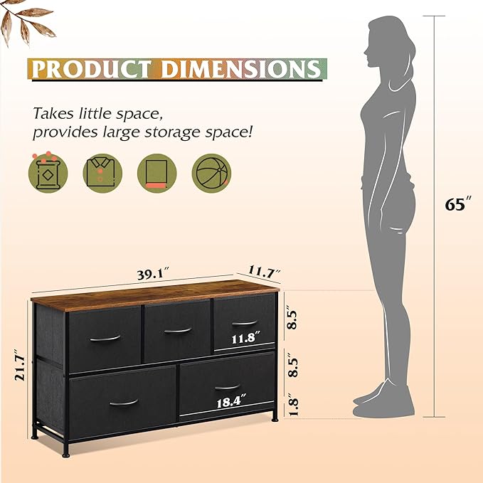 WLIVE Dresser for Bedroom with 5 Drawers, Wide Chest of Drawers, Fabric Dresser