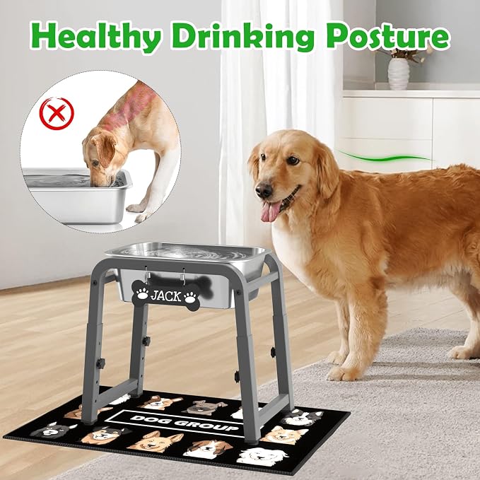 2 Gallon Elevated Dog Water Bowl, ADENGL Height Adjustable (10.4–15.2'') Raised Stainless Steel Bowl with Spill-Proof Mat & Sturdy Metal Stand, Tip-Proof, Easy to Clean, Indoor & Outdoor Use