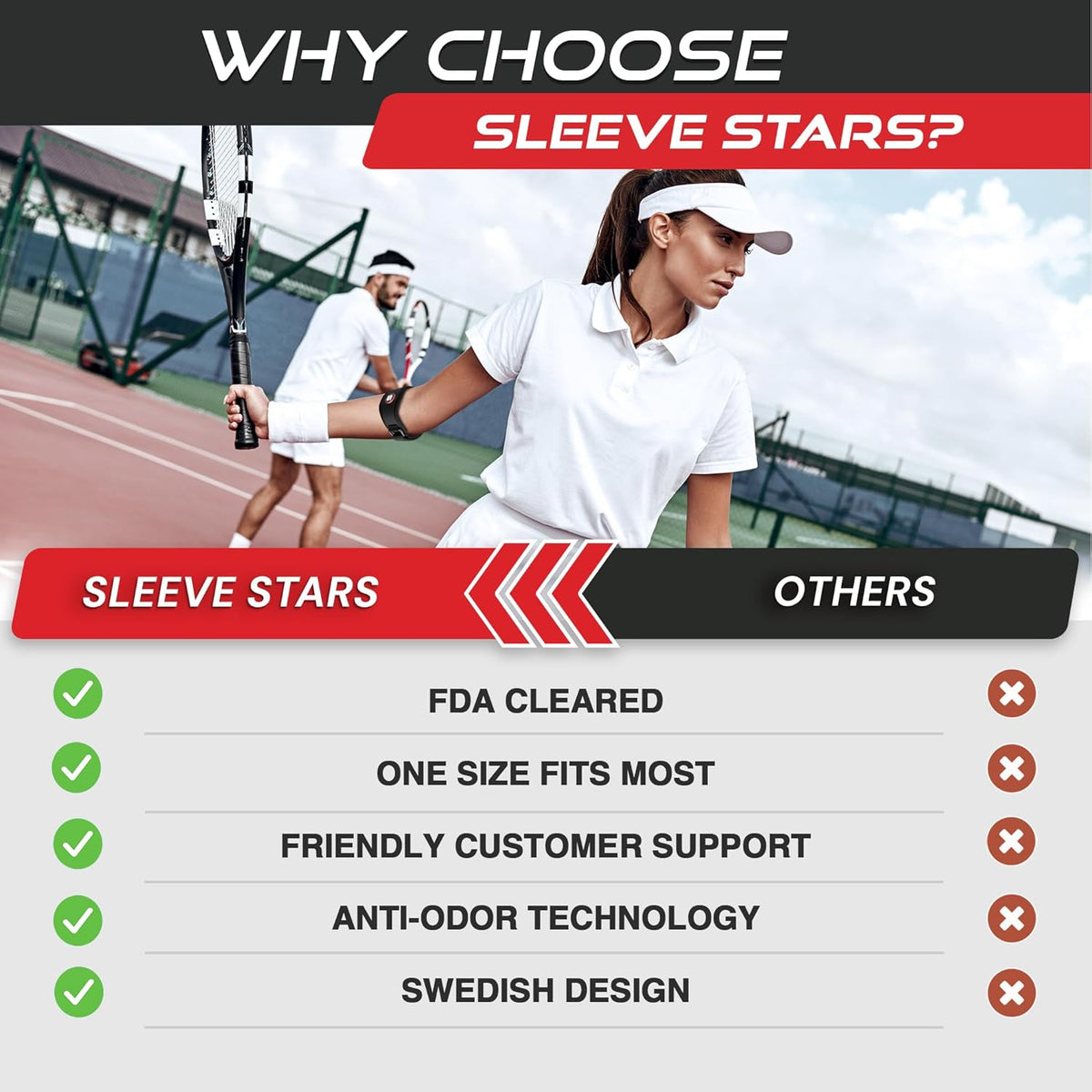 Sleeve Stars Tennis Elbow Brace for Women - Adjustable Tennis Elbow Strap, Golfers Elbow Brace for Men, Counterforce Brace for Tennis Elbow for Tendonitis Relief, Fits 9"-23" (Single/Black)