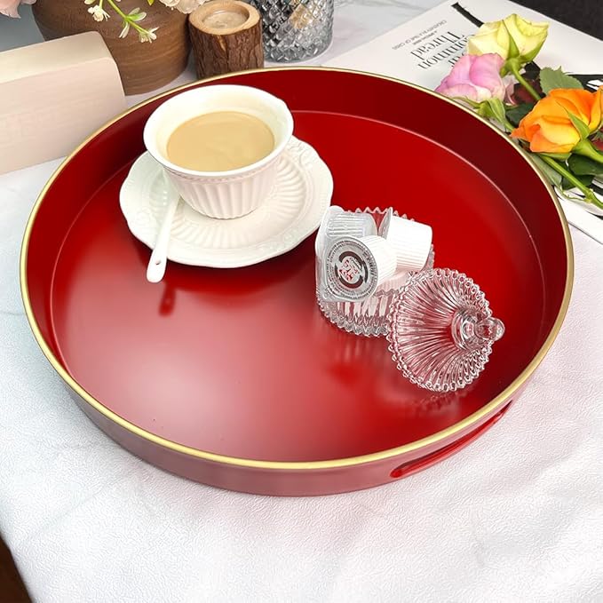 Red Decorative Tray, Serving Tray with Handles, Round Decorative Tray for Coffee Table, 13 Inch Plastic Tray for Ottoman, Living Room, Bathroom, Home Decor.