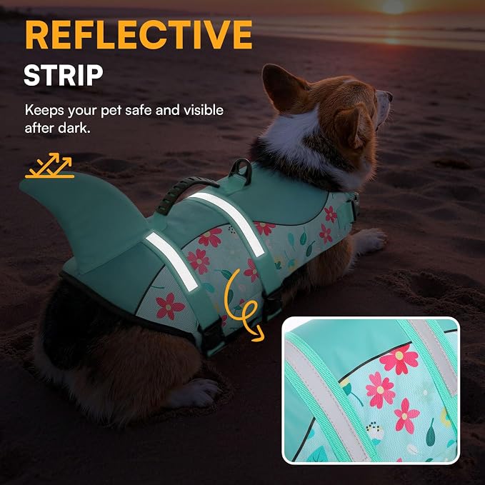 Dog Life Jacket, Dog Life Vest for Swimming, High Buoyancy Shark Swimming Safety Vest for Large Dogs, Reflective Pet Lifesaver Preserver with Rescue Handle, Blue Flower XL