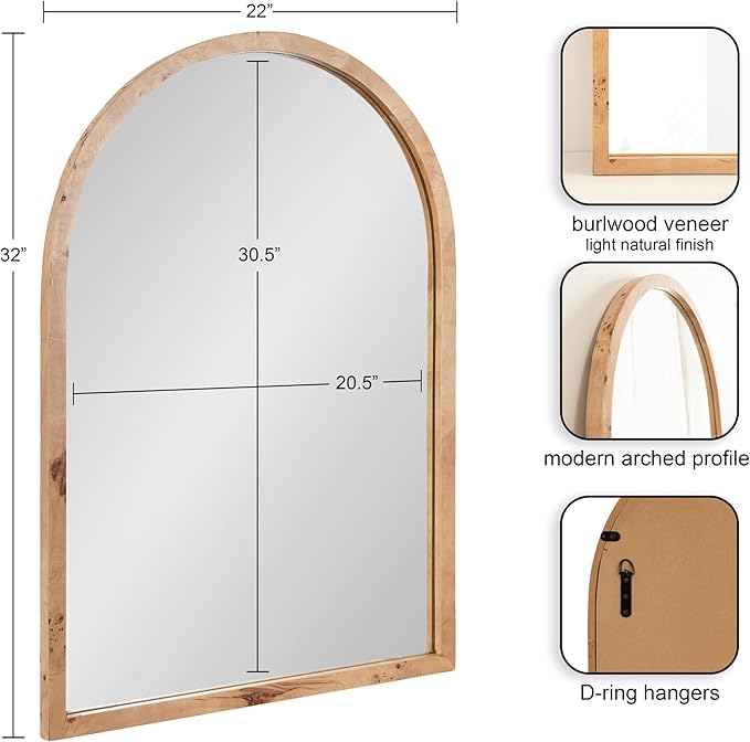 Kate and Laurel Burlock Modern Burlwood Arched Mirror, 22 x 32, Natural Wood