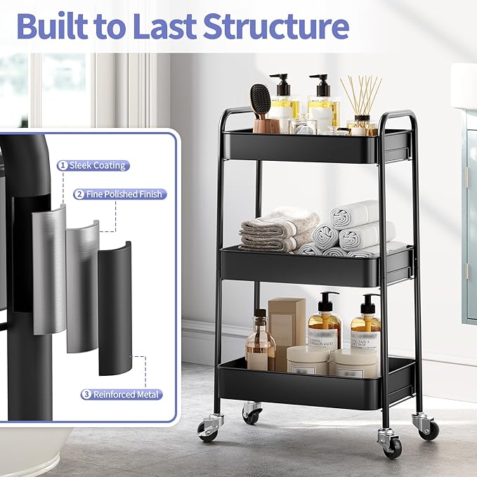 TOOLF 3-Tier Metal Rolling Cart