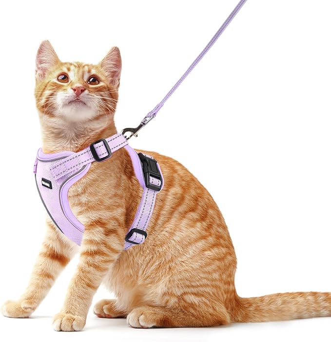 Rttochfy Cat Harness and Leash Set, Adjustable and Reflective Cat Vest, Escape Proof Kitten Harness, Easy to Put on with 3 Buckles for Cats Walking and Traveling (Purple, S)