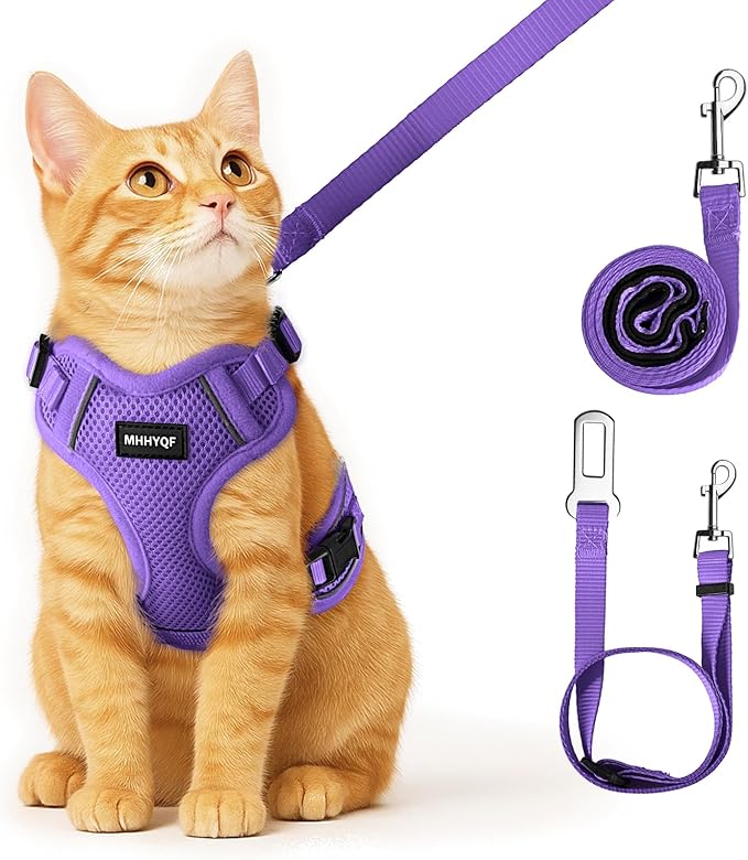 Cat Harness, Cat Harness and Leash for Walking, Escape Proof Soft Adjustable Vest Harnesses for Cats, Easy Control Breathable Reflective Strips Harness, Kitten Harness and Leash Set, Purple, S