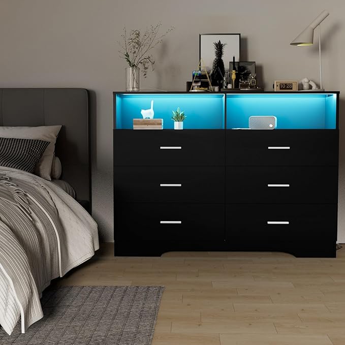 Dresser with Power Outlets and LED Lights Wooden 6 Drawer Dresser with Large