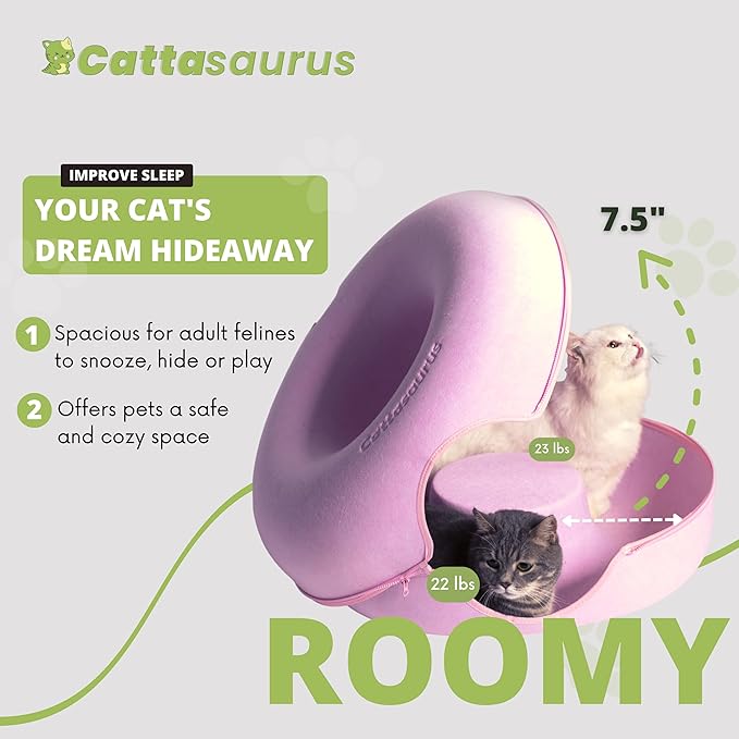 CATTASAURUS Peekaboo Cat Cave for Multiple & Large Cats Up to 30-45 Lbs, Scratch Detachable & Washable Tunnel Bed, Comfy Donut Cat Cave (Pink, Large)