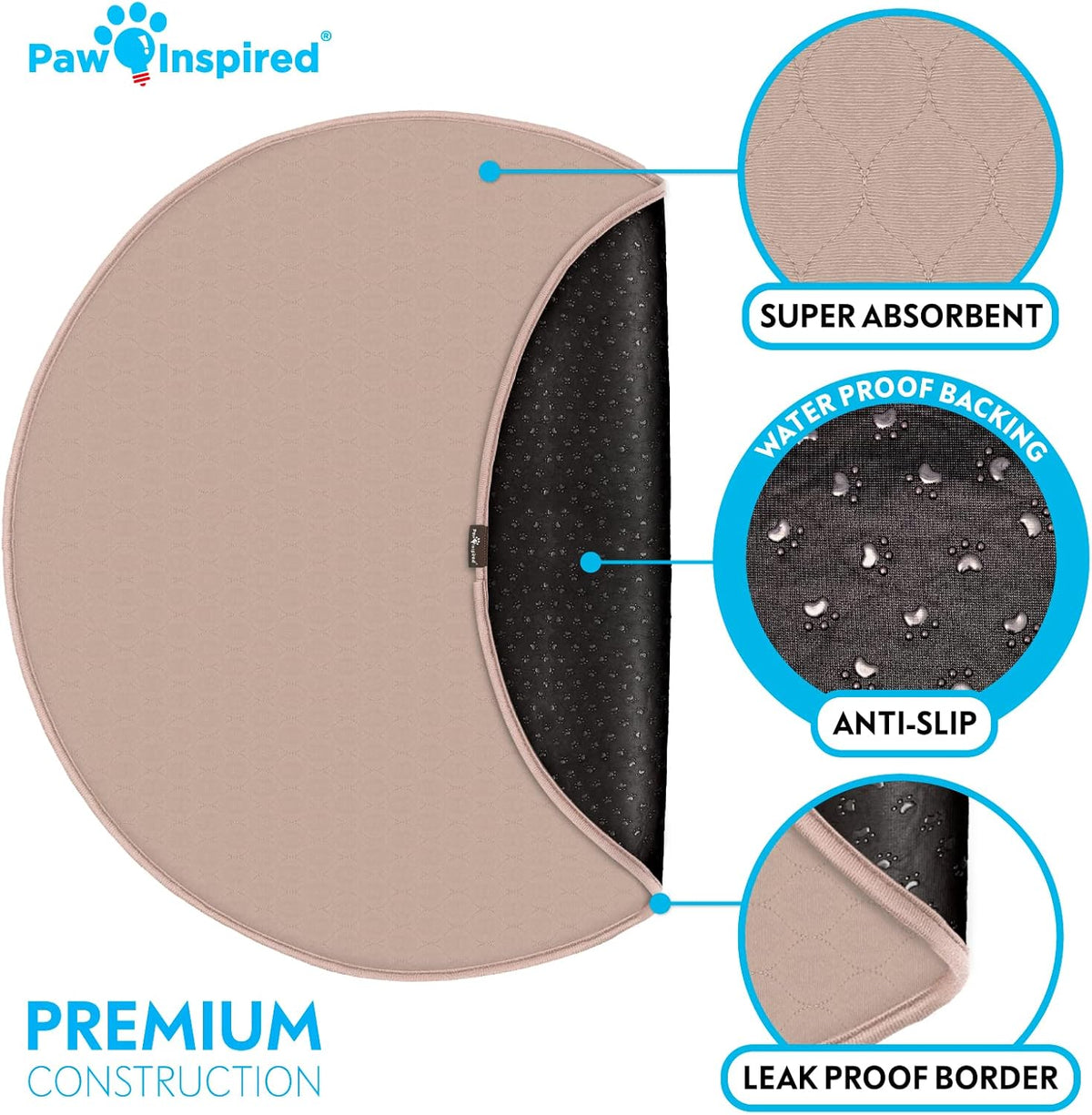 Paw Inspired Round Washable Pee Pads for Dogs (2 Pack), Reusable Puppy Pads for Potty Training, Whelping, Waterproof Mat, Leakproof, Non-Slip Liners (48 Inch, Pack of 2)