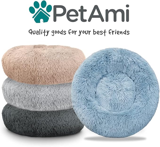 PetAmi Calming Dog Bed for Small Medium Dog Cat, Round Donut Washable, Fluffy Faux Fur Plush Cuddler Pet Kitten Cushion, Anti-Slip, Fits up to 25 lbs, 23 inch, Dark Gray