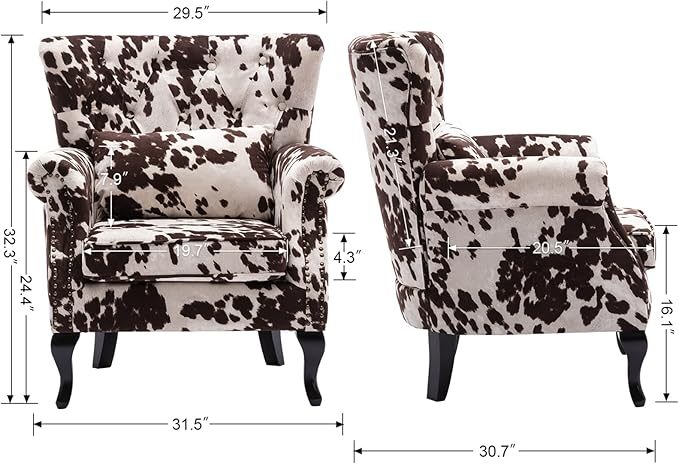 DM Furniture Set of 2 Mid-Century Modern Accent Chair, Velvet Armchair w/Tufted Back/Wood Legs, Upholstered Lounge Arm Chair Single Sofa for Living Room Bedroom, Cow Print