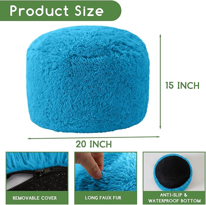 HIGOGOGO Round Stuffed Pouf Ottoman, Long Faux Fur Poufs with Foam Chunk Filling, Fluffy and Furry Pouf Foot Stool Storage Ottoman, 20 X 15 Floor Poufs Foot Rest for Living Room, Blue