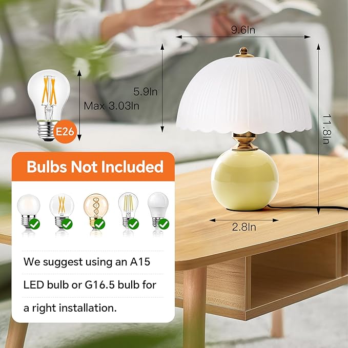 Ceramic Table lamp, Modern Bedside Lamps Mid Century Vintage Desk Lamp Retro Glass Mushroom Traditional Lamp for Nightstand Living Room Bedroom Home Decor (S05YE-1PACK)