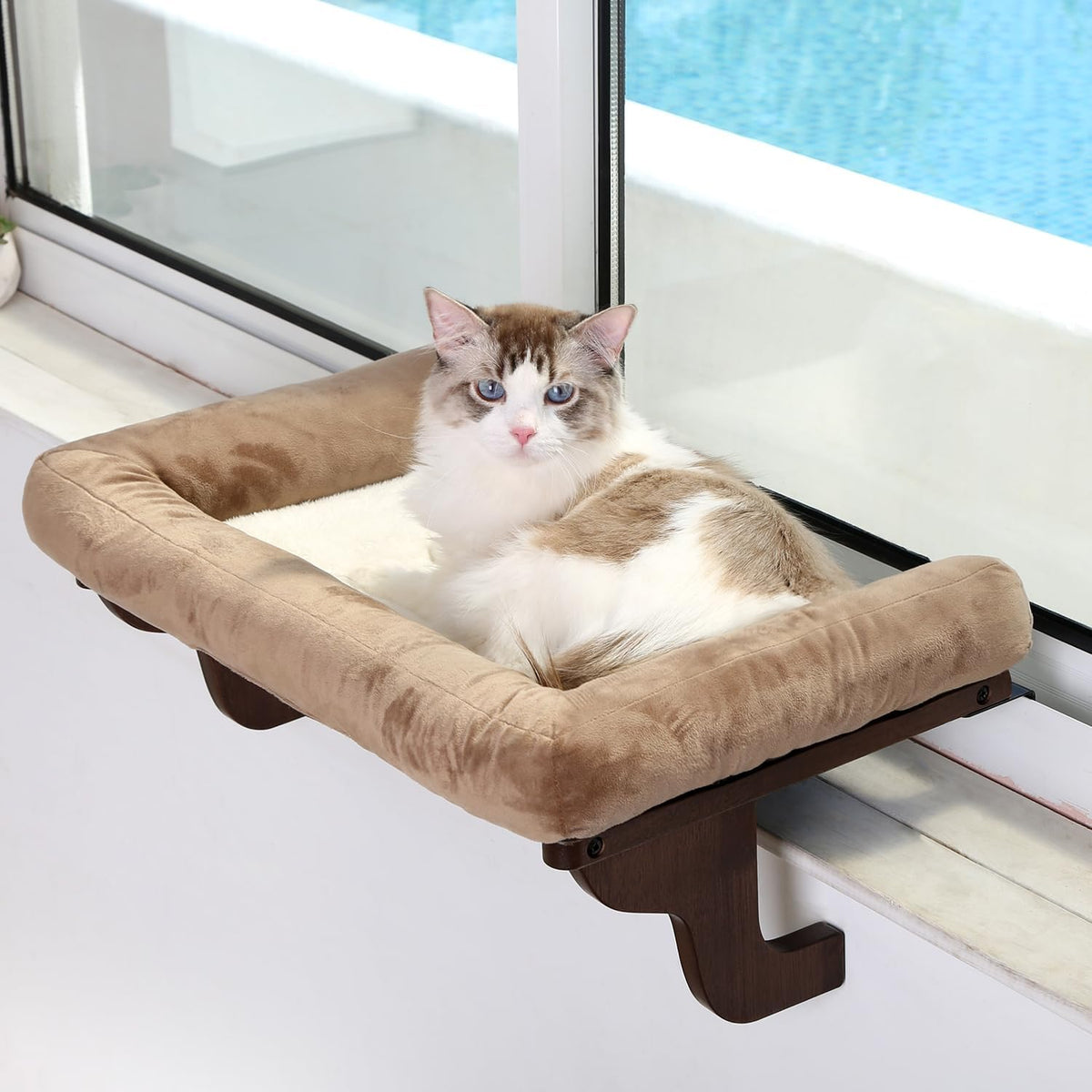 Cat Perch for Window Sill with Bolster - Orthopedic Hammock Design with Premium Hardwood & Robust Metal Frame - Cat Window Seat for Large Cats and Kittens - Dark Stained Wood with Brown Bed