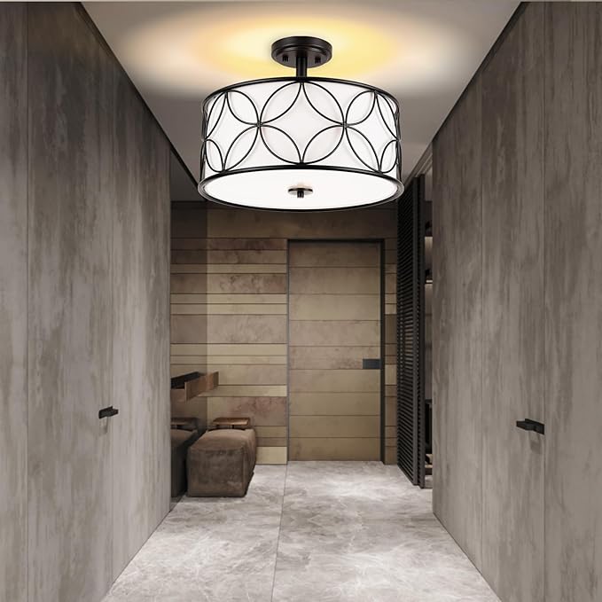 3-Light Semi Flush Mount Ceiling Light, 16" Drum Light with Fabric Shade, Modern Close to Ceiling Lamp for Living Room Bedroom Dining Room Kitchen Hallway Entry Foyer (Black)