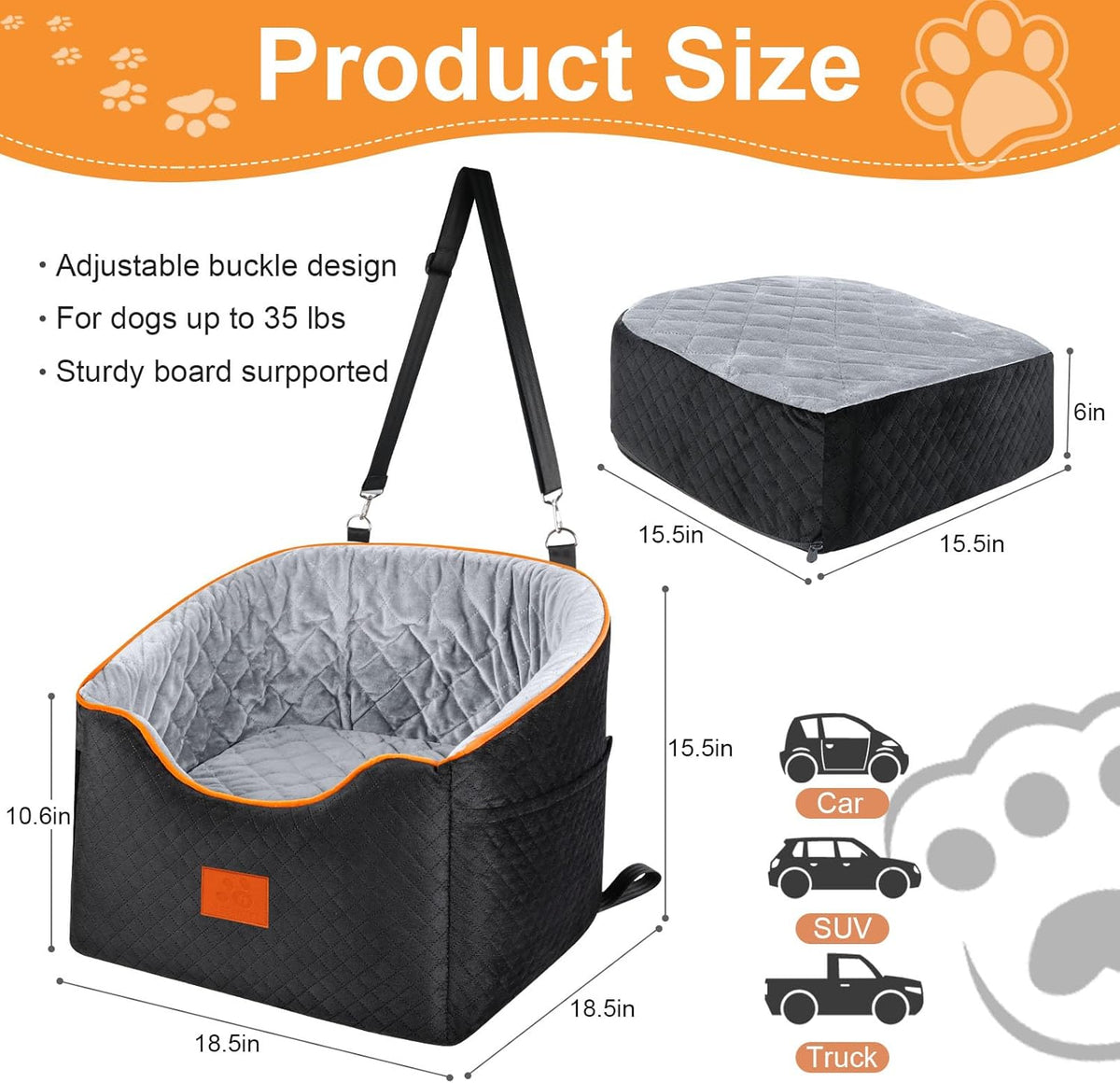 Dog Car Seat for Small Dogs, Memory Foam Booster Dog Seat for Dogs up to 35 lbs, Elevated Pet Car Seat with Washable Removable Cover, Storage Pockets(Black/Gray)
