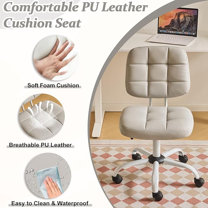 VINGLI Compact Small Desk Chair, Cute Armless Chair with Wheels, Vanity Chair with Low Back, Height Adjustable Task Chair for Small Spaces, Office, Bedroom, Make Up Room, PU Leather, Light Grey