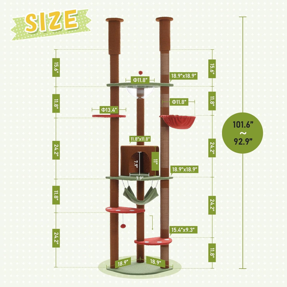 PEQULTI Floor to Ceiling Cat Tree 92.9’’-101.6’’ Height Adjustable Mushroom Cat Tower Tall Climbing Play House with Scratching Posts, Cozy Condo, Perches and Large Hammock for Indoor Cats Brown
