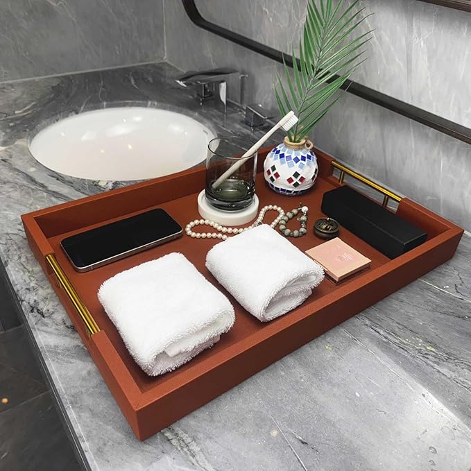14x20 Inches Brown Faux Leather Wrapped Wood Serving Tray with Metal Handles for Various Occasions, Ottoman, Home Decor Decorative, Living Room, Coffee Table Organizer, Serving Breakfast On Bed