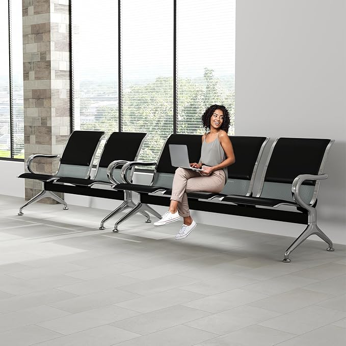 Kinfant 5-Seat Waiting Room Chairs Sofa Furniture - Office Guest Reception Chair with Armrest for Waiting Room Airport Hospital Bank (Black - PU+Mesh)