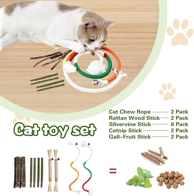 Catnip Chew Toys for Cats, 12 Pack Cat Toys with Silvervine Sticks, Natural Silvervine Stick Cage Balls & Bell Balls for Indoor Cats