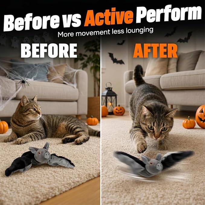 Flying Bat Dog Toy, Flapping Wings Interactive Chirping Pet Teaser, Remote Control Rechargeable Halloween Bat Toy with Catnip Filling, Electric Simulation Flying Motion Toy for Cats Dogs，2pcs