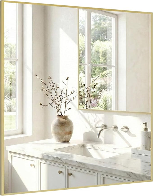 36"x36" Large Gold Wall Mirror, Metal Framed Bathroom Vanity Mirror, Oversized