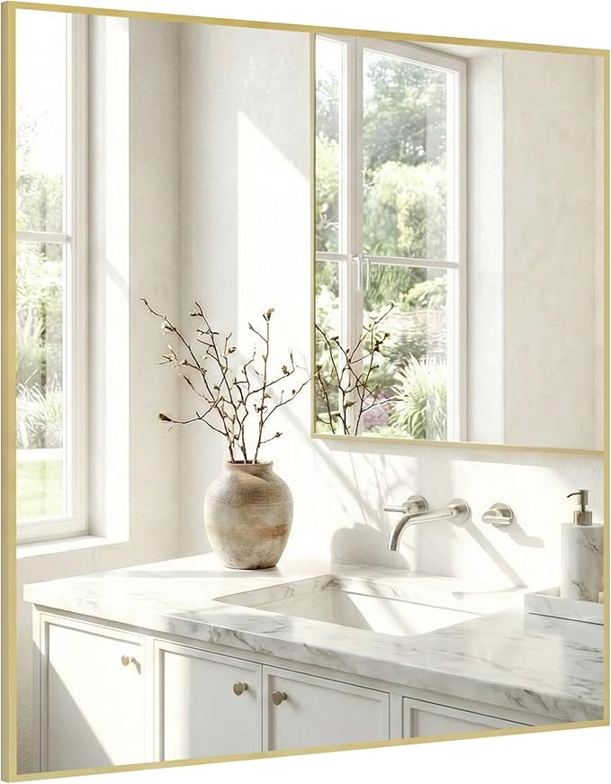 30"x30" Gold Square Mirror for Wall, Metal Framed Bathroom Vanity Mirror