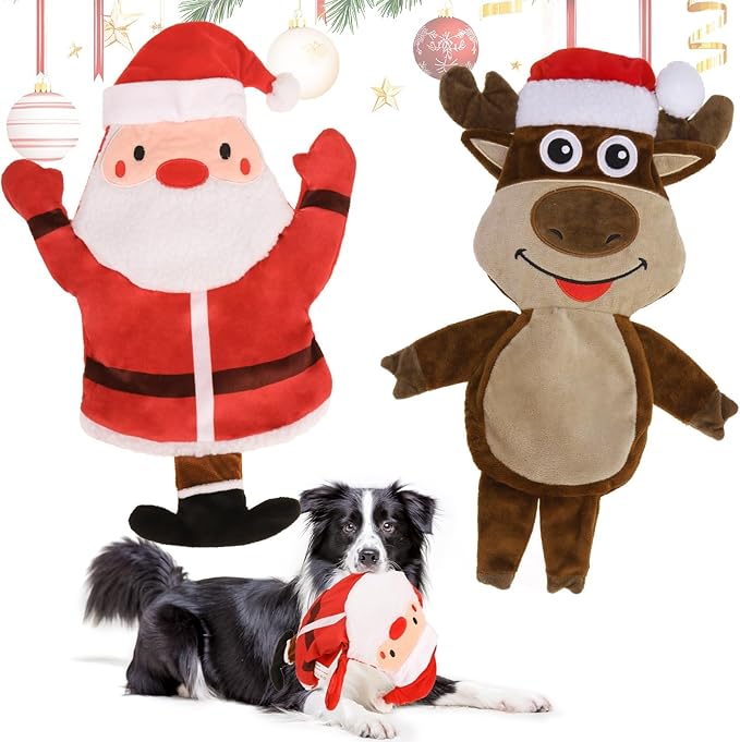 BINGPET Dog Squeaky Toys, 2 Pack No Stuffing Christmas Dog Toys, Reindeer & Santa Interactive Plush with Squeaky Ball and Crinkle Paper, Durable Holiday Fun for Small Medium Large Dogs