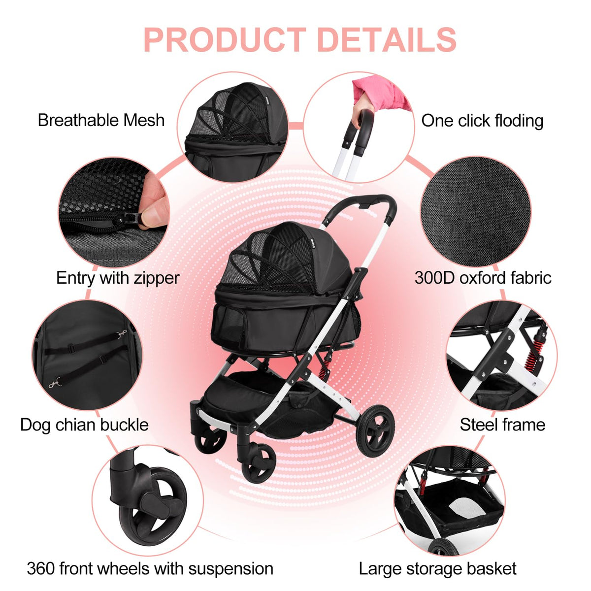 Pet Stroller for Medium Small Dog & Cat, Foldable Lightweight Dog Stroller with Storage Basket Pet Travel Carriage with Safety Leashes, 4 Wheel, Black
