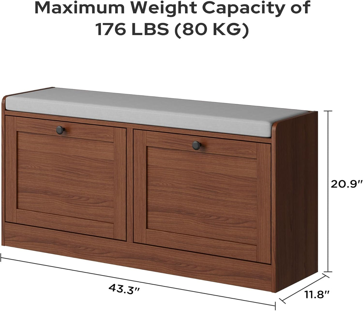 MHOM Brown Modern Entryway Bench with 2 Flip Drawers, Entryway Shoe Bench with Padded Seat Cushion, Wooden Storage Bench for Bedroom and Apartment