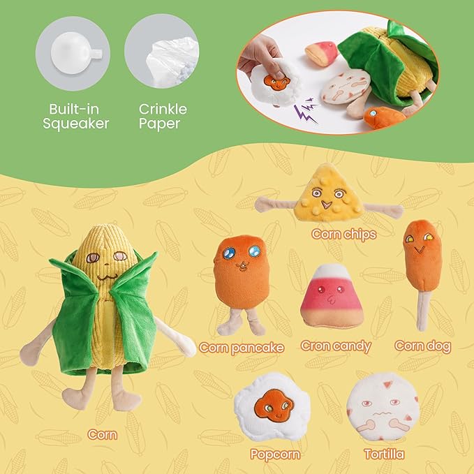 Nocciola Squeaky Crinkle Corn Dog Toys: Plush Stuffed Yellow Pet Chew Toys for Small Medium Breeds Teething, Cute Interactive Cognitive Burrow Digging Hide and Seek Puzzle Puppy Supplies, 7 Packs