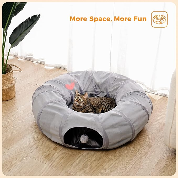 PAWZ Road Cat Tunnel Bed Large Cat Donut Tunnel for Indoor Cats, Collapsible Cats Tube with Central Mat, Peek Hole and Cat Toy Hanging Balls