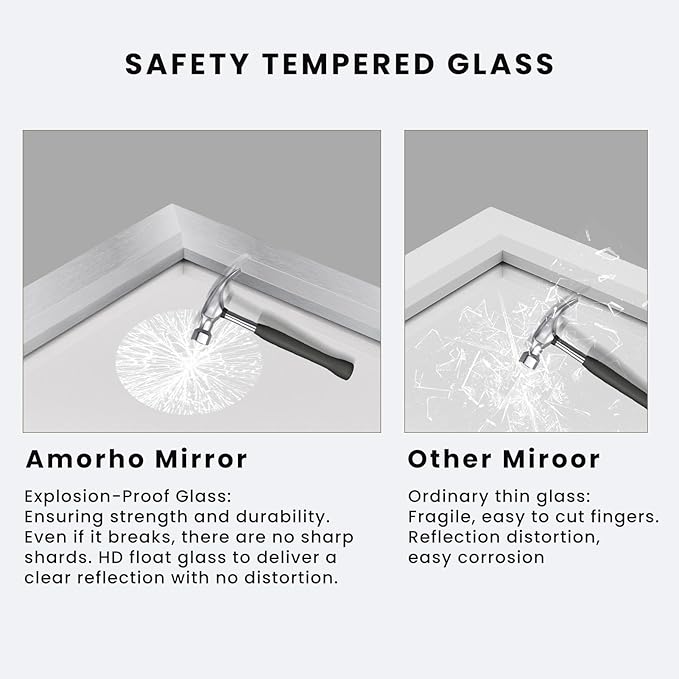Amorho Bathroom Mirror, 40x38 Inch Silver Thick Metal Framed Wall Mirrors