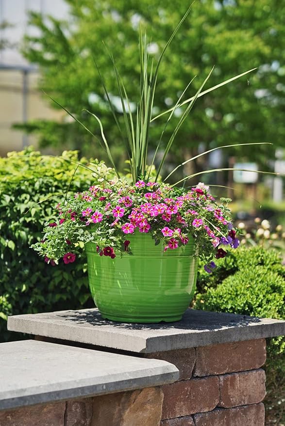 Garden Elements Indoor/Outdoor Glazed Brushed Happy Plastic Planter, Large, Bright Green, 15" (Pack of 2)
