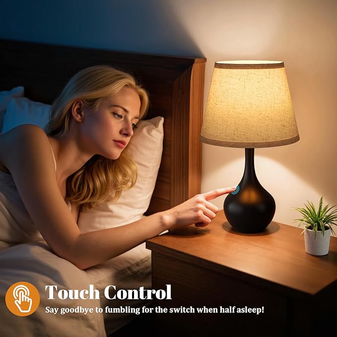 Seealle 16.1" Touch Table Lamps for Nightstand, 3-Way Dimmable Small Bedroom Lamps for Night Stands, Black Bedside Lamps for Living Room, Kids Room, End Table