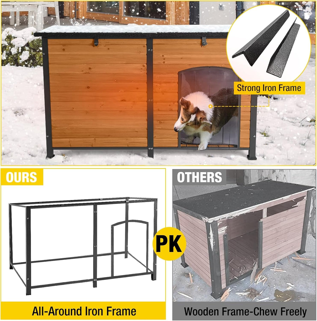 Aivituvin Dog House Outdoor 59" Extra Large Insulated Dog Kennel with Movable Insulation Liner,All-Around Iron Frame