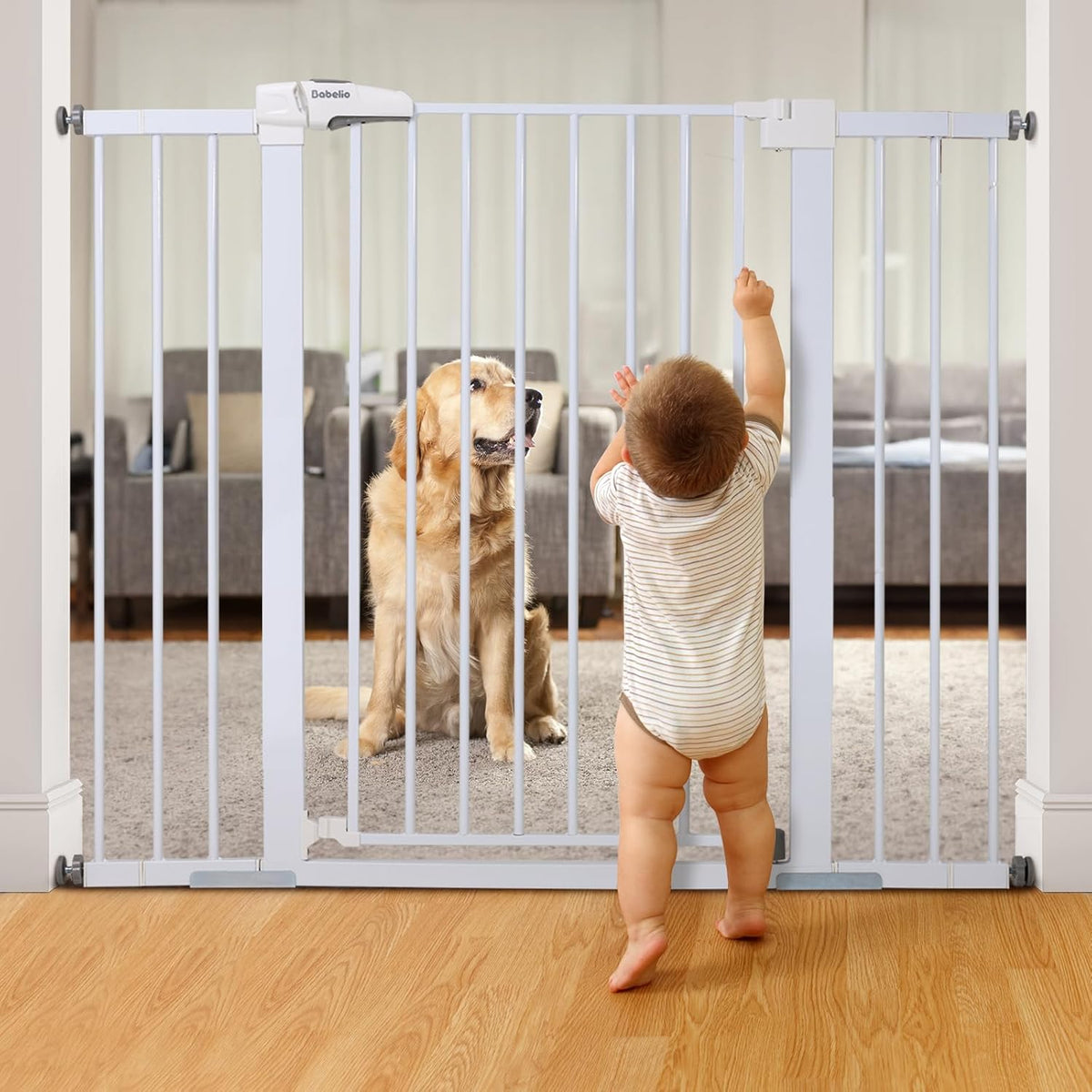 BABELIO 36" Tall Baby Gate, 29-48" Auto Close Pressure Mounted Dog Gate for Stairs, Doorways & Hallway, Protector Basics Easy Walk Thru Pet Gate, Metal Child Gate with 2*Y Spindle Rods, White