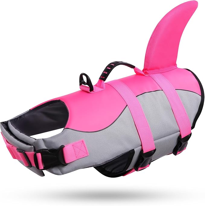 Dog Life Jacket Ripstop Shark Dog Safety Vest Adjustable Preserver with High Buoyancy and Durable Rescue Handle for Small,Medium,Large Dogs, Pink Shark XX-Large