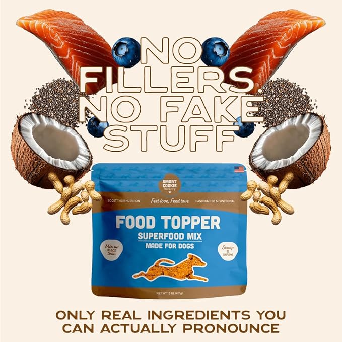 Smart Cookie Natural Dog Food Topper - Superfood - Salmon Dog Meal Mixer for All Ages - Food Topper for Picky Eaters and Boosting Nutrition - Non GMO, Made in The USA - 15 oz Bag (30 Day Supply)